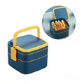 BLUE DOUBLE-LAYER PORTABLE LUNCH BOX STACKABLE WITH CARRYING HANDLE AND SPOON LUNCH BOX , Bento Lunch Box