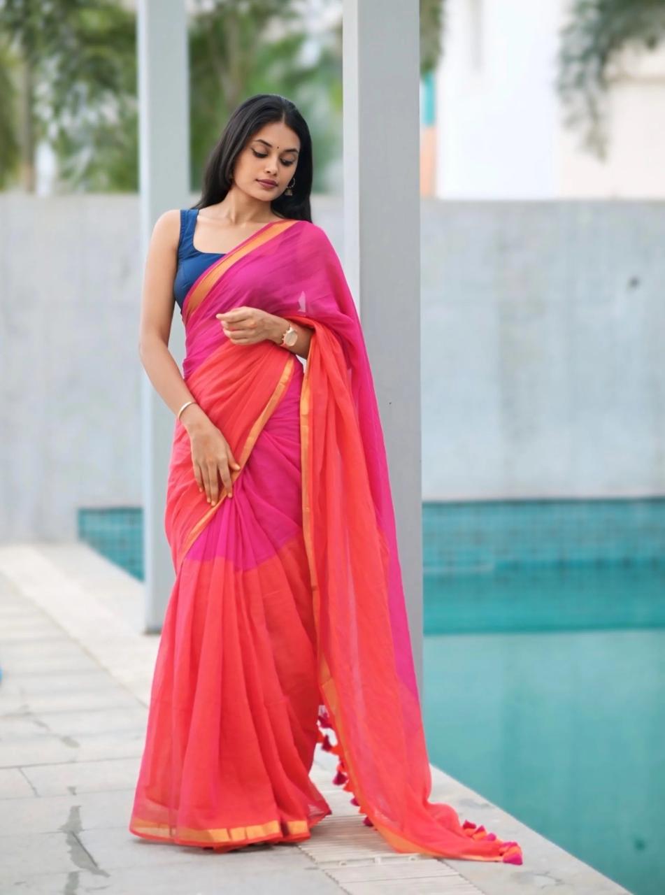 Double Colour Mulmul  Cotton Saree.