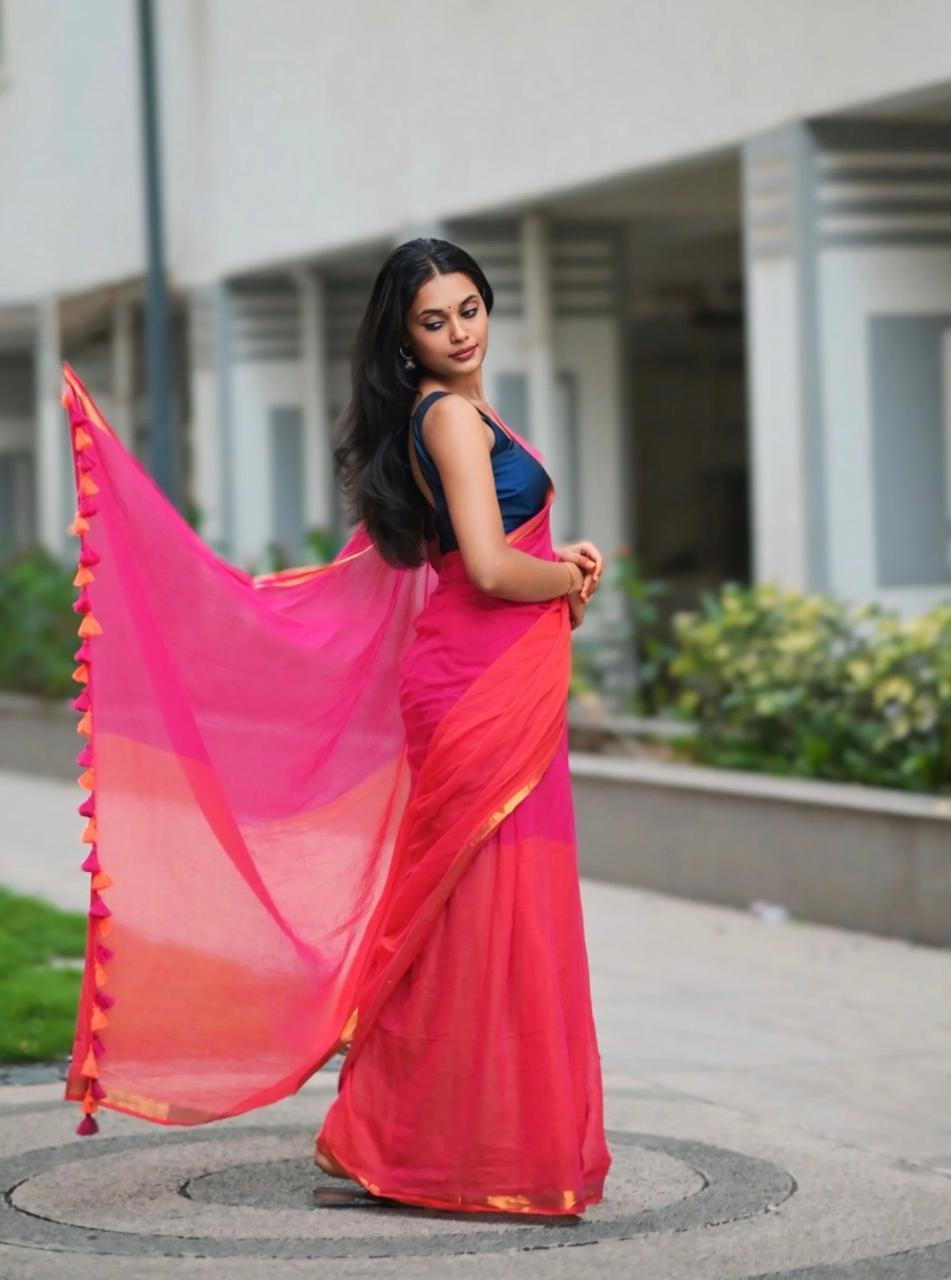 Double Colour Mulmul  Cotton Saree.